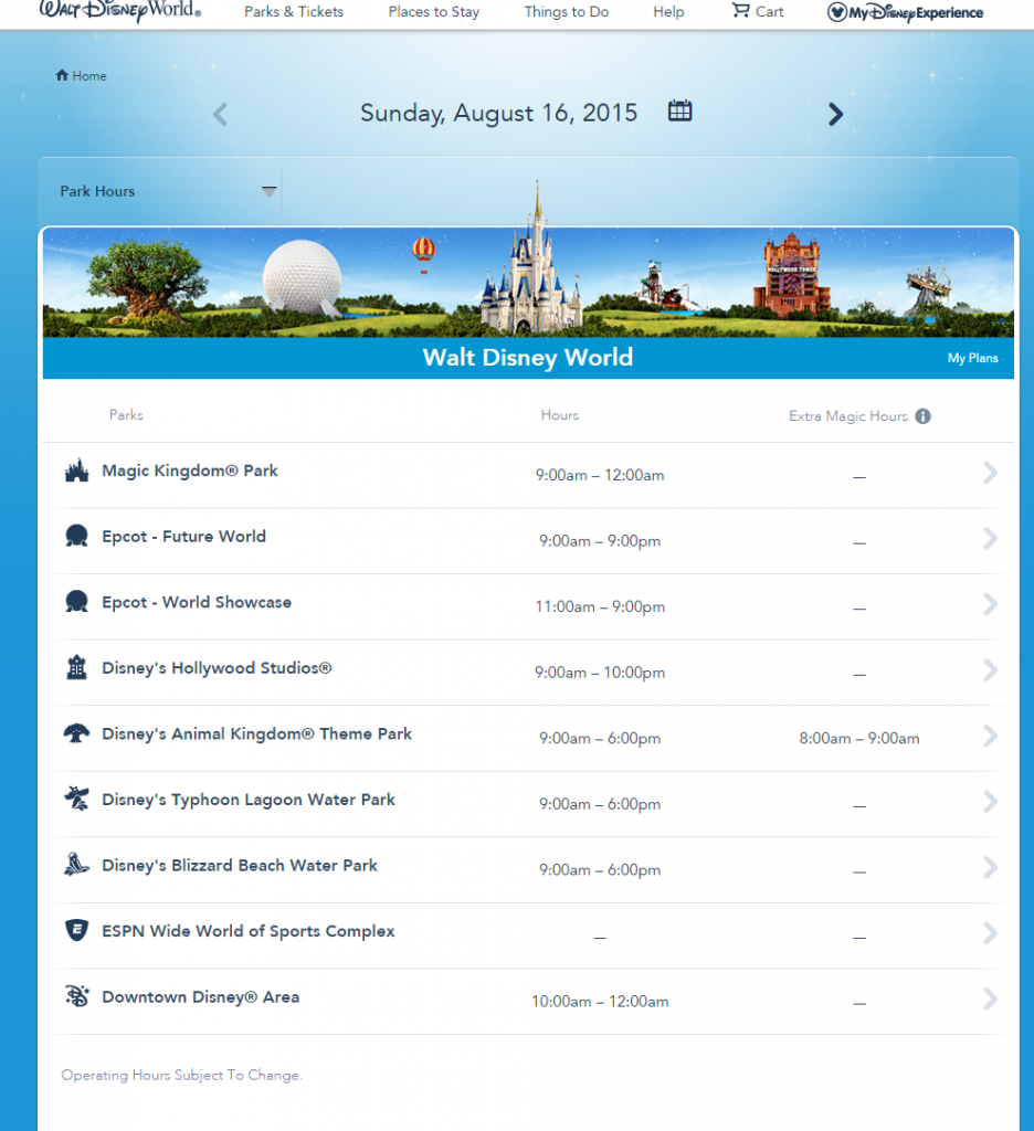 Park Hours   Calendars   Walt Disney World Resort